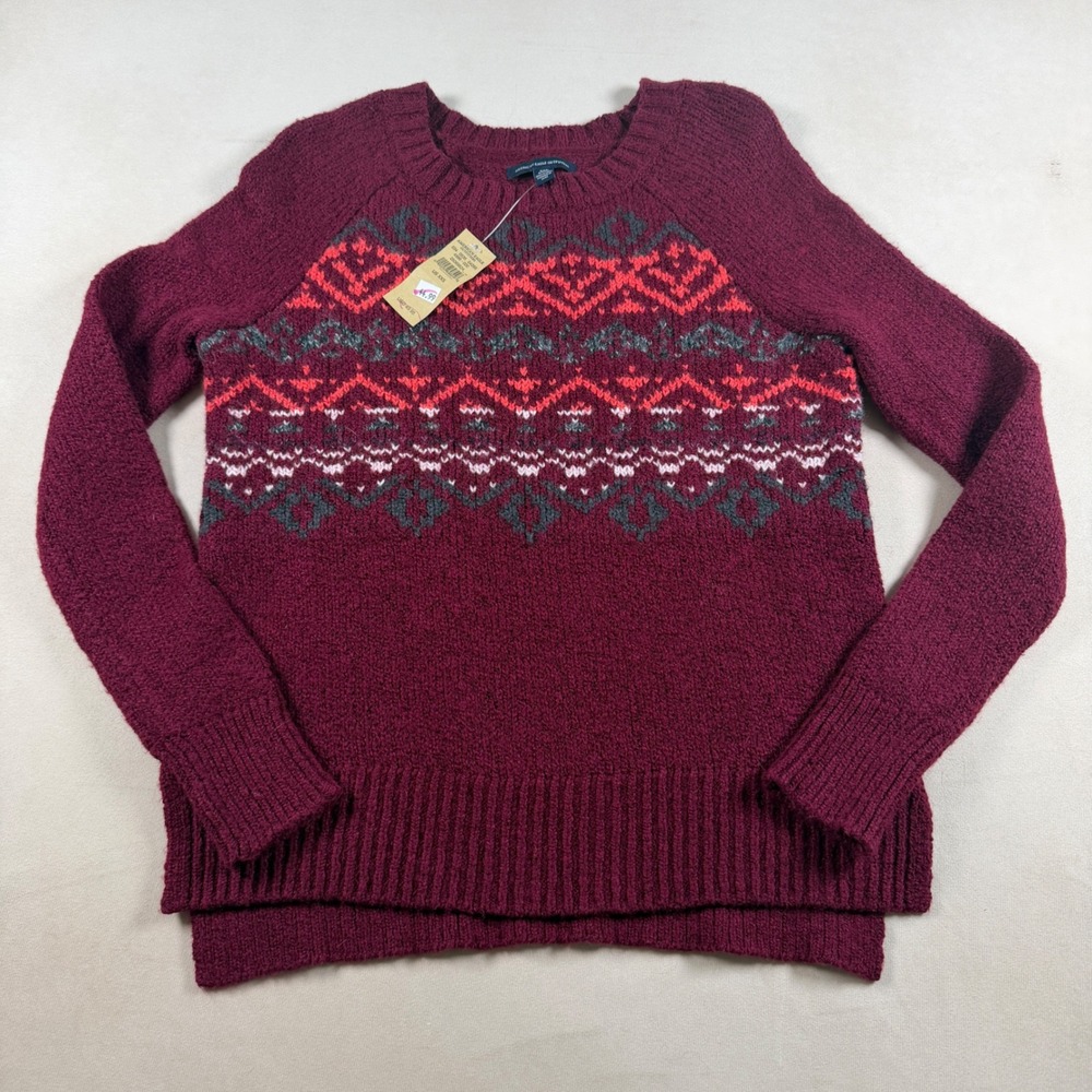American Eagle Fair Isle Sweater Womens XXS NWT Burgundy Knit Crewneck Raglan